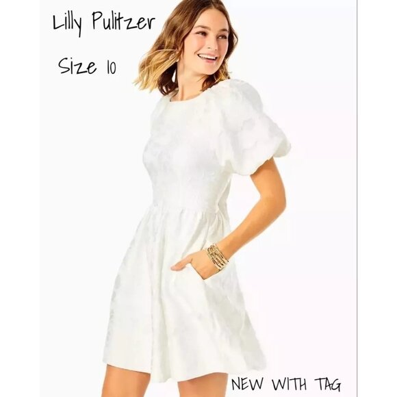 Lilly Pulitzer Fit Flare Dress White Jacquard Dress Size 10 New With Tag - Picture 1 of 3